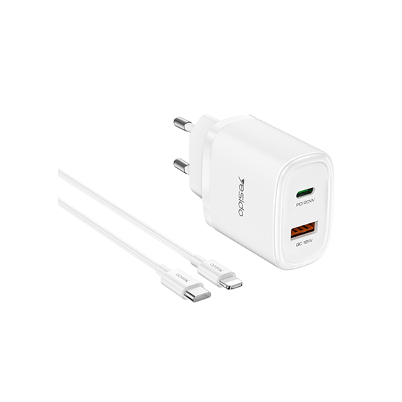 yesido YC47 USB Type C Cable Travel Charger with USB Type C 1M to 8 Pin, EU Plug (White)